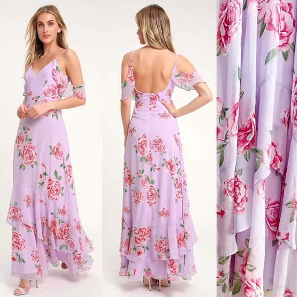Lulus Dresses & Skirts - Lulus Lavender Pink Floral Maxi Dress Ruffles Roses Wedding Victorian Coquette